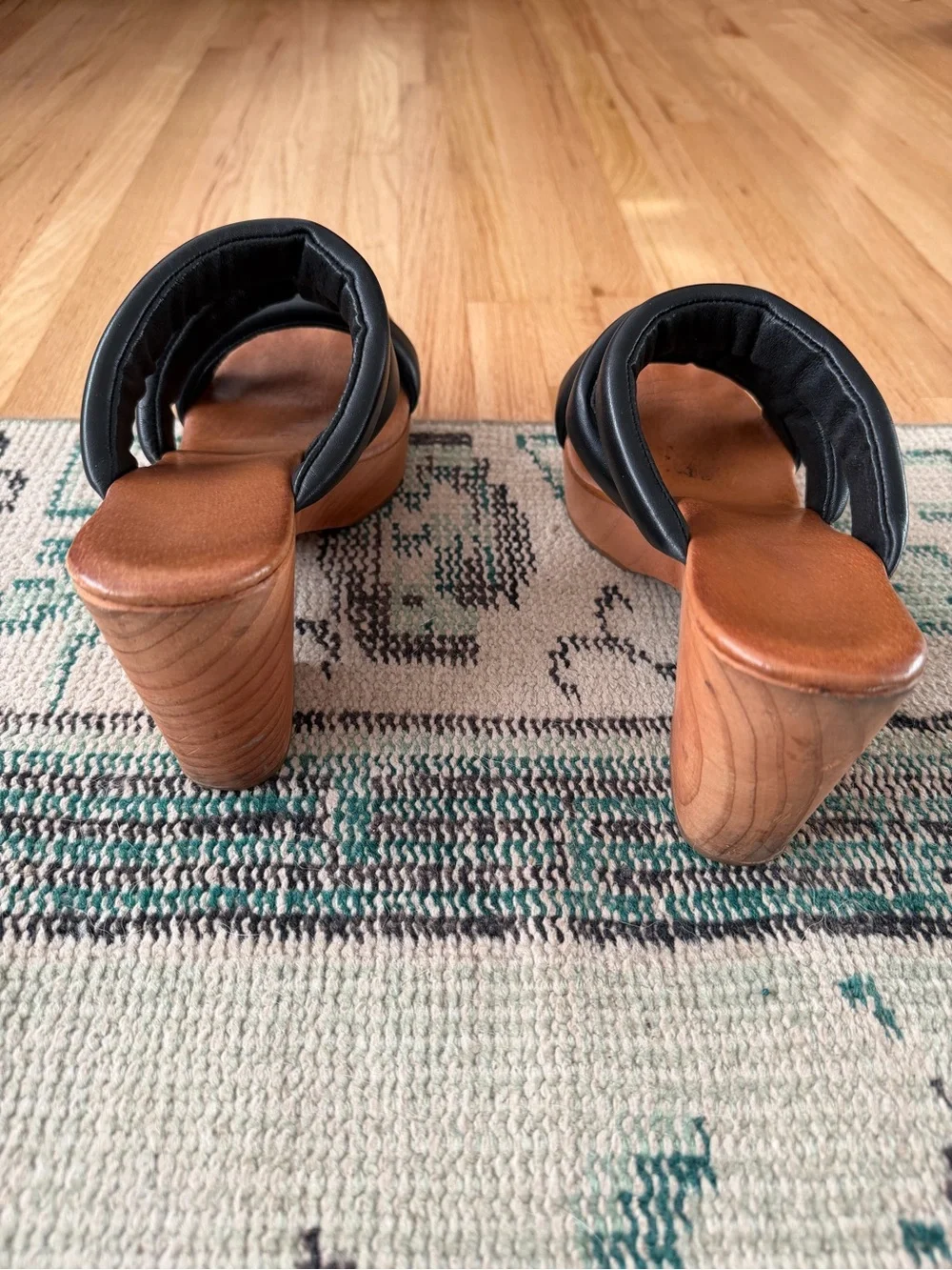 Free People Black Leather Triple-Strap Wooden Platform Sandals